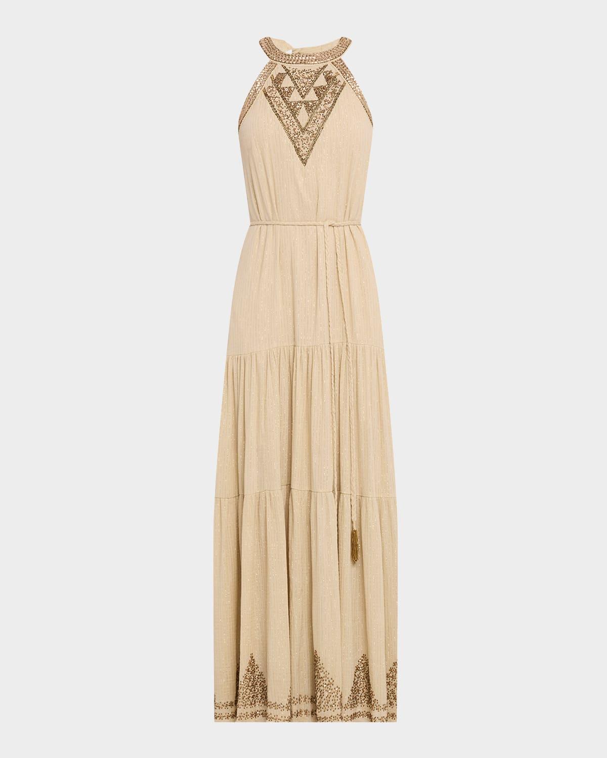 paige beaded tiered halter maxi dress