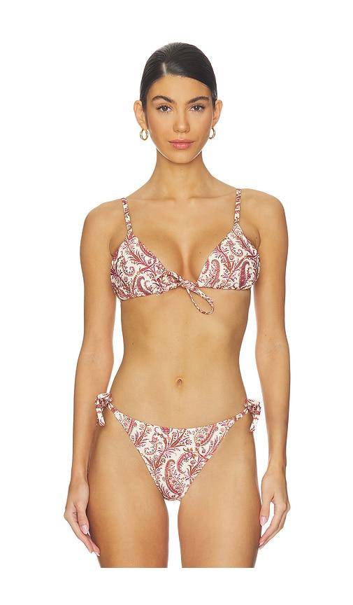 paige cameron tie front triangle bikini top in cream,burgundy.
