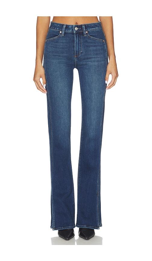 paige high rise laurel canyon bootcut jeans in blue.