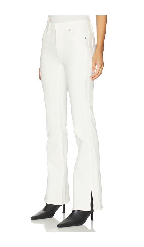 paige high rise laurel canyon forward panel vent bootcut jeans in white.