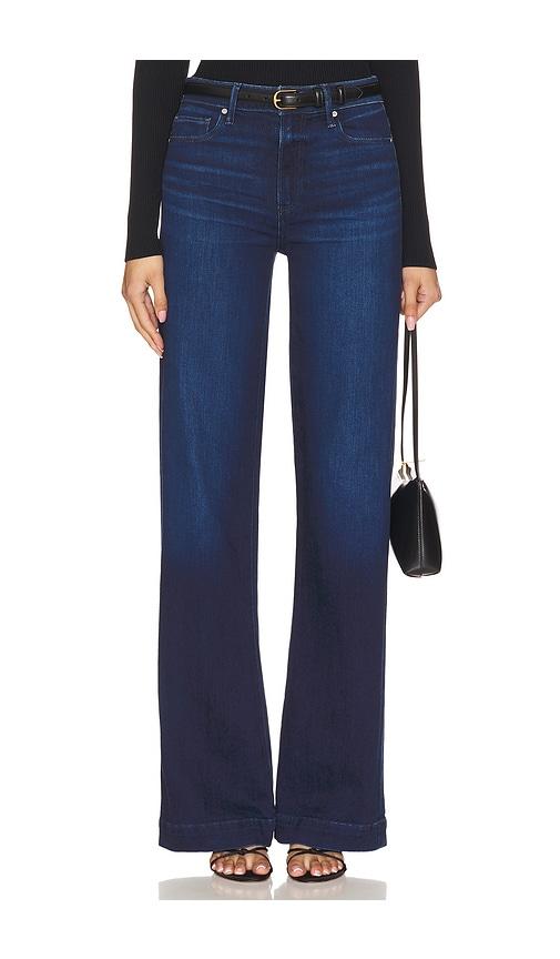paige leena petite wide leg jeans in blue.