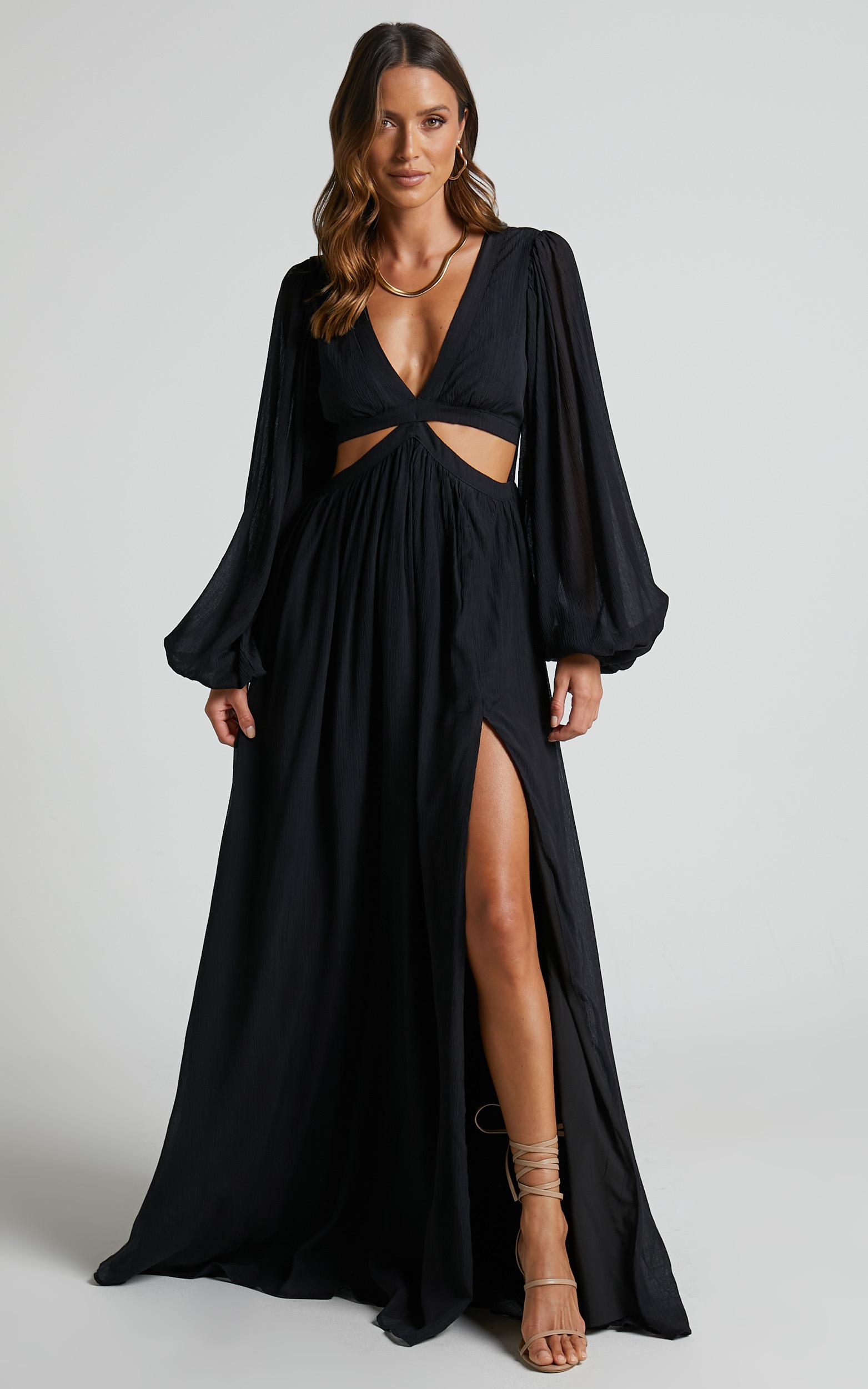 paige maxi dress - side cut out balloon sleeve dress in black