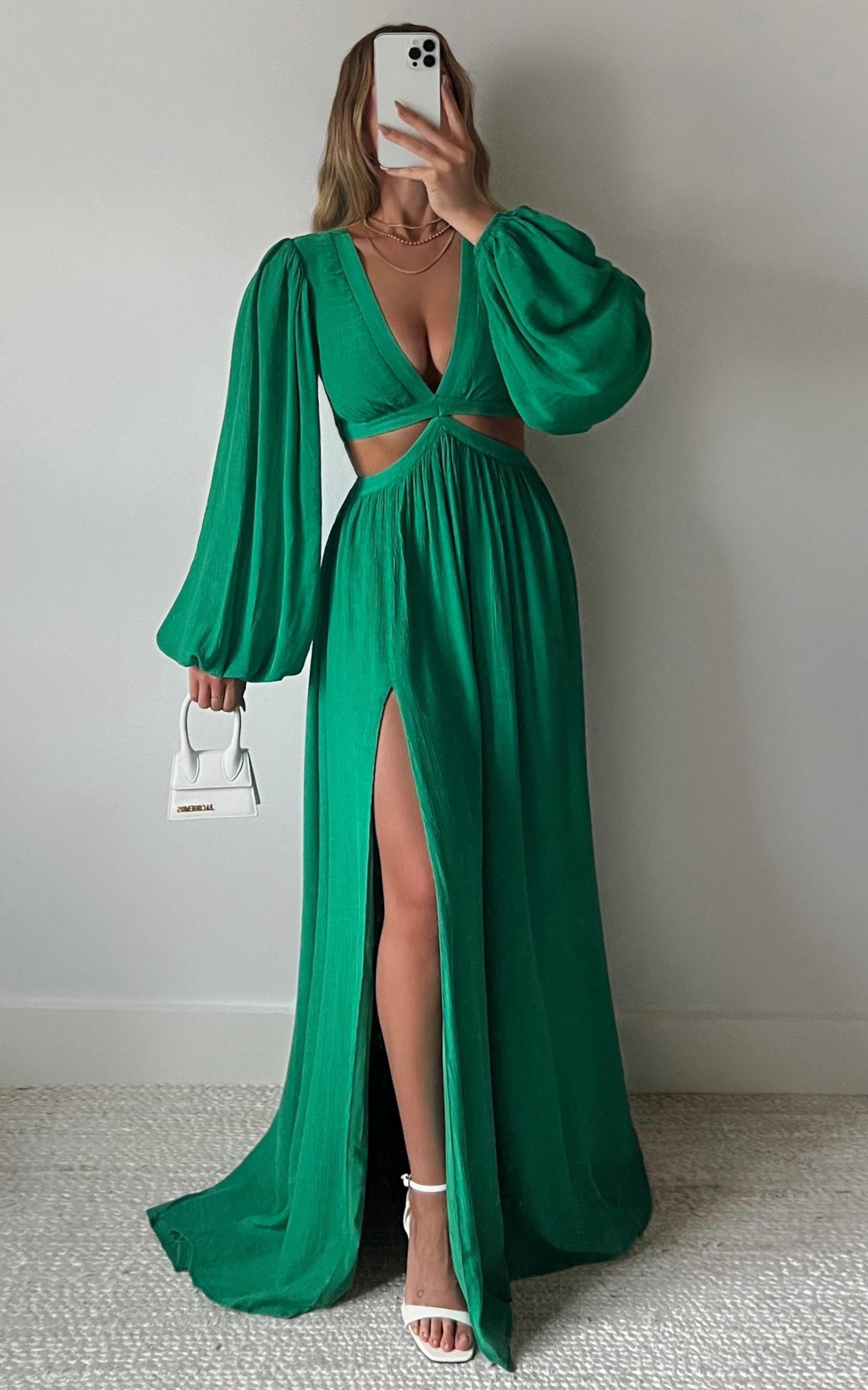 paige maxi dress - side cut out balloon sleeve dress in green