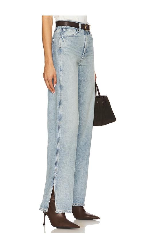 paige sawyer wide leg jeans in blue.