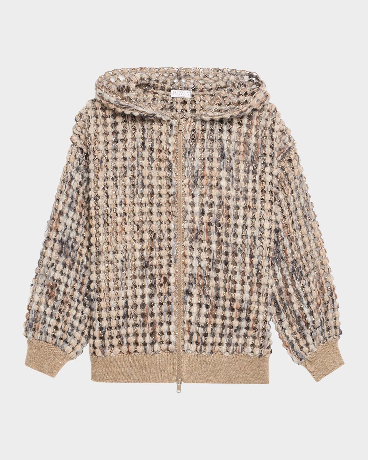 pailette wool-cashmere net balloon-sleeve zip hoodie