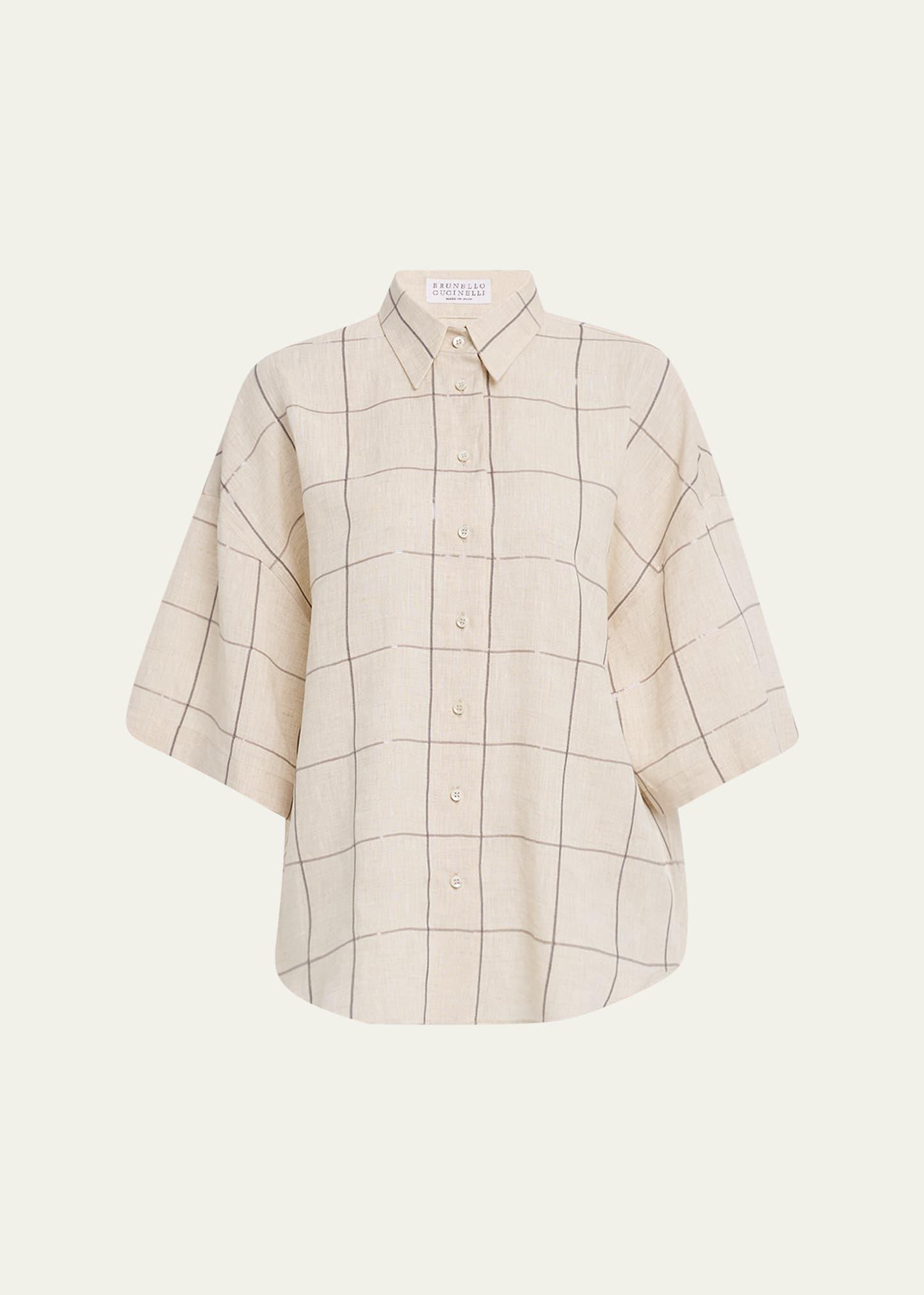paillette check light linen button-down shirt