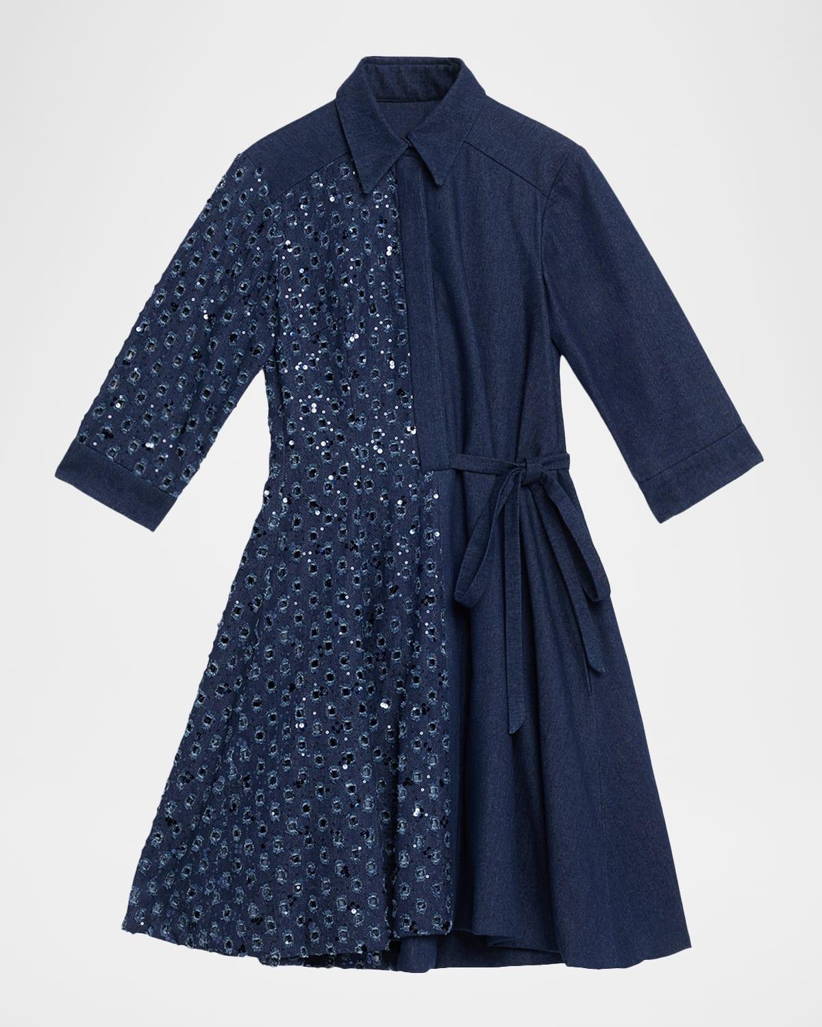 paillette distressed denim mini shirtdress