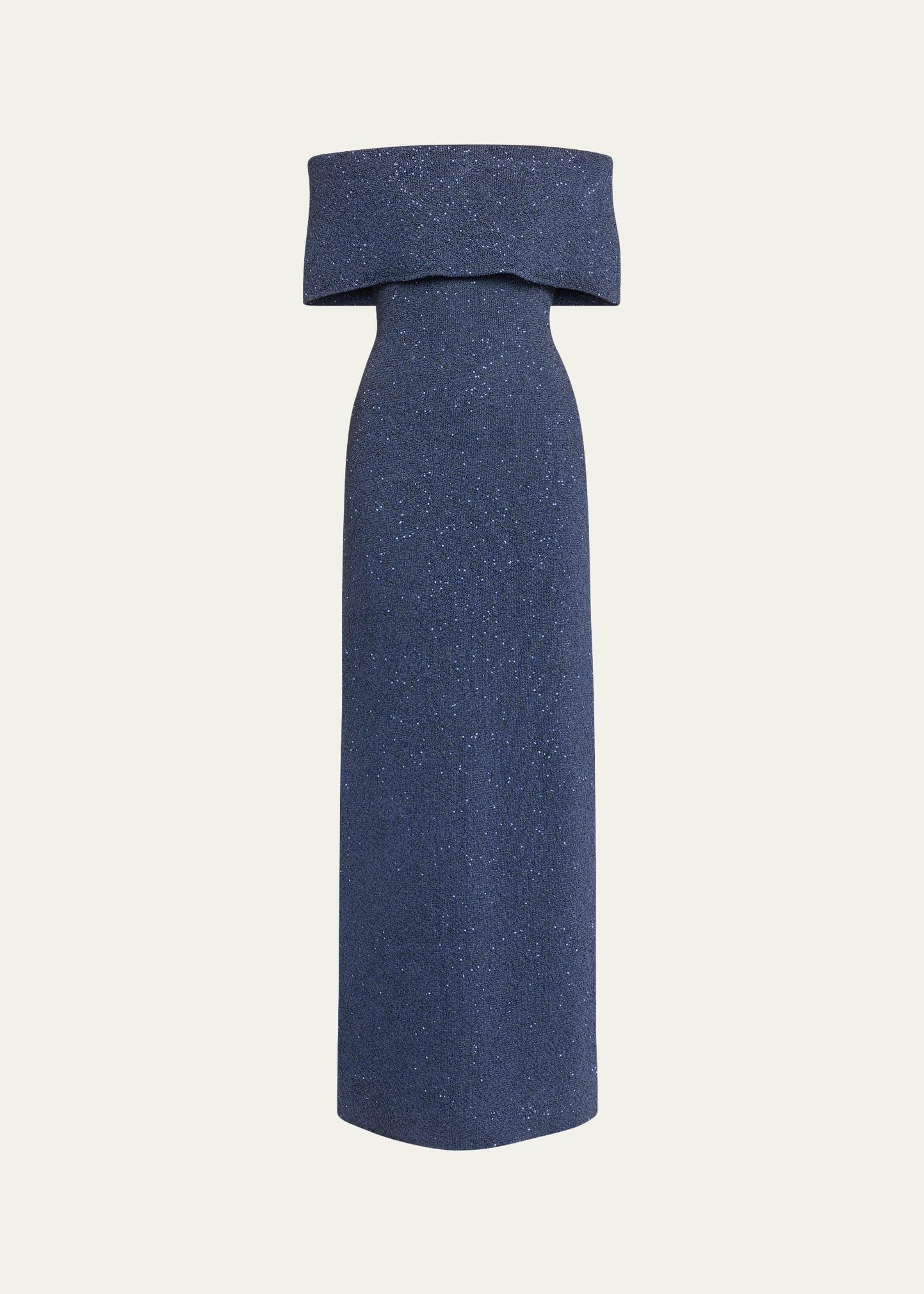 paillette knit off-the-shoulder gown