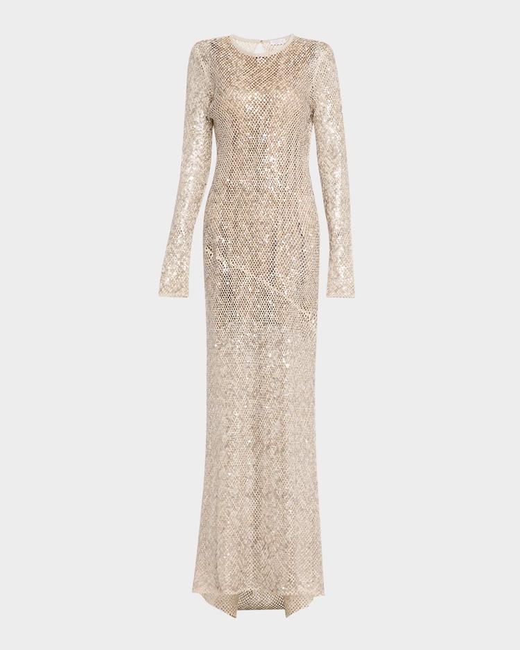 paillette net knit long-sleeve maxi dress