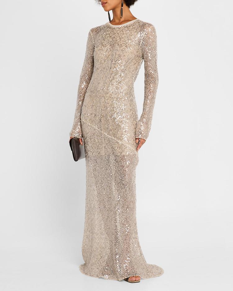 paillette net knit long-sleeve maxi dress