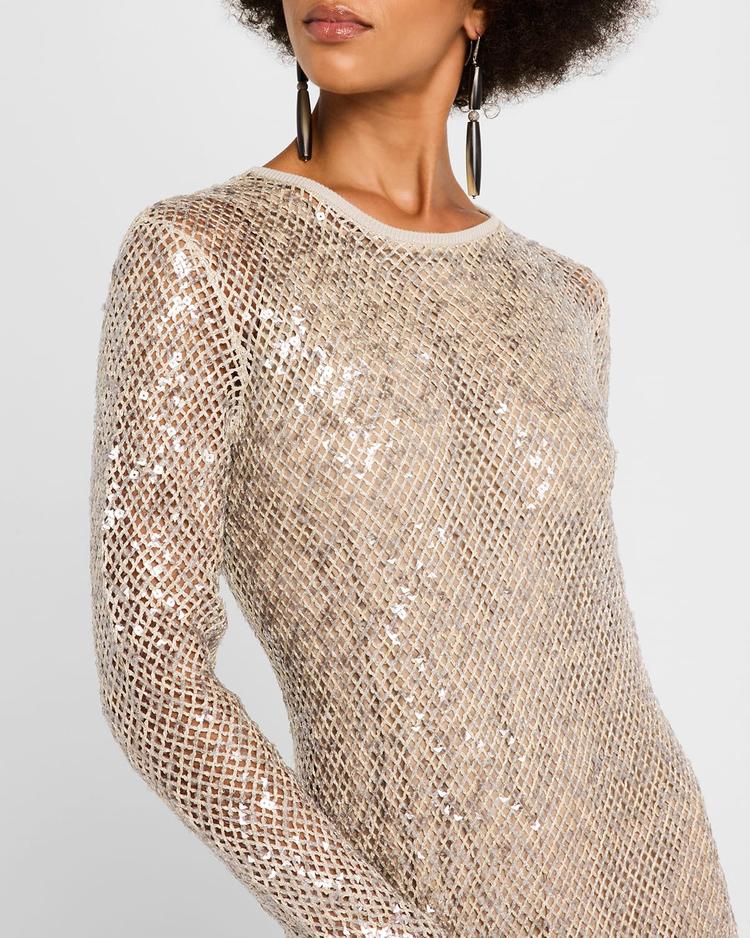 paillette net knit long-sleeve maxi dress