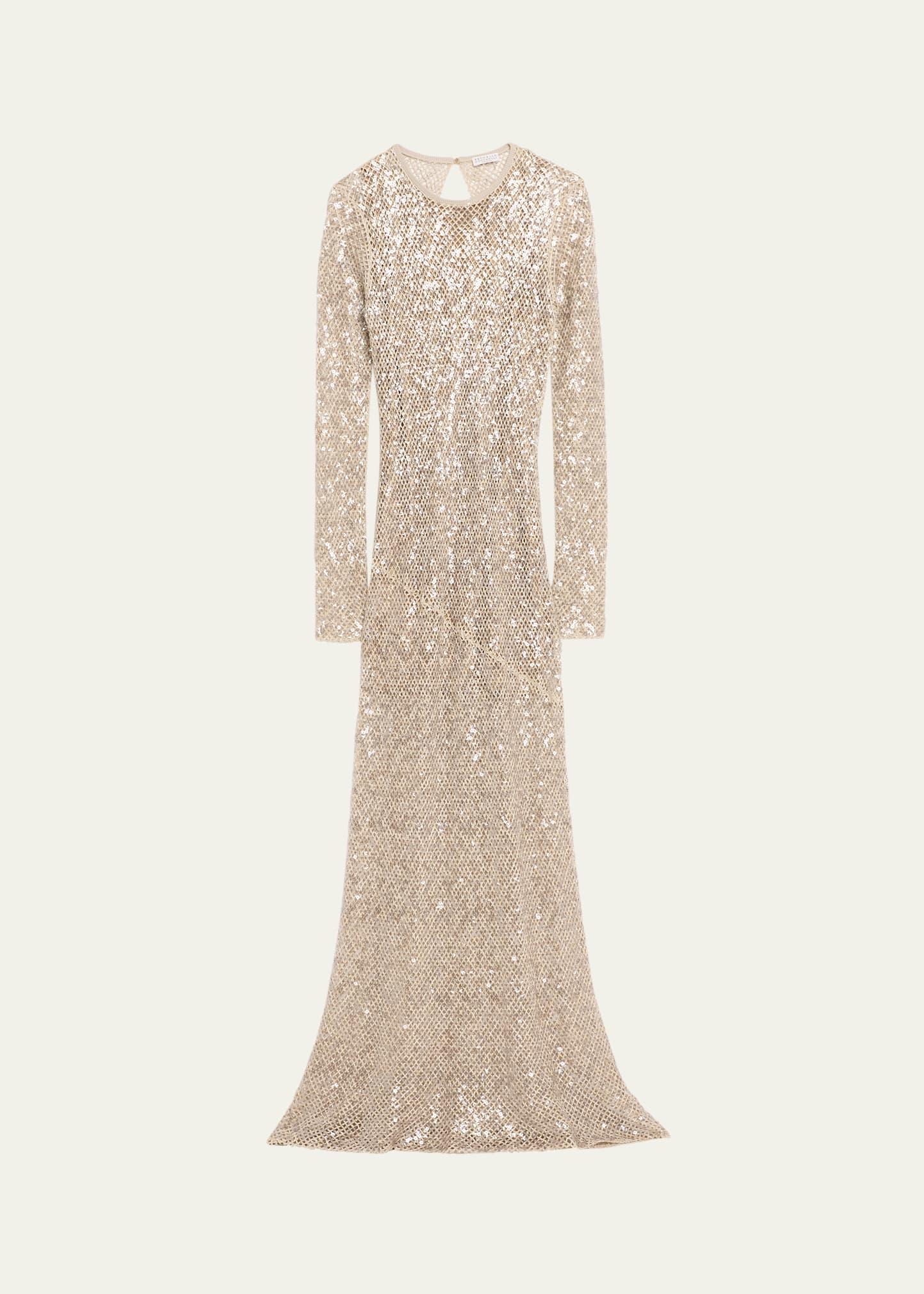 paillette net knit long-sleeve maxi dress