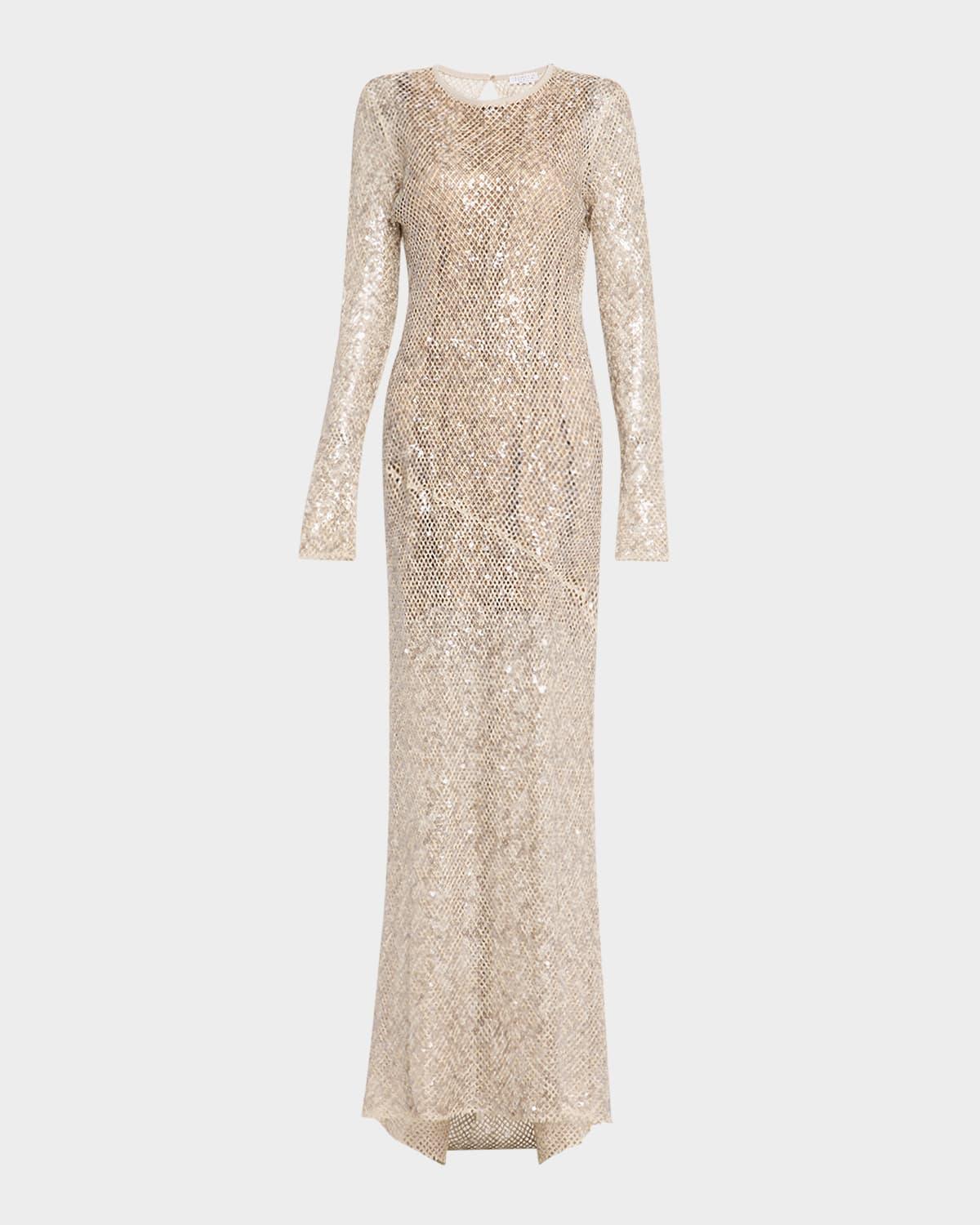 paillette net knit long-sleeve maxi dress