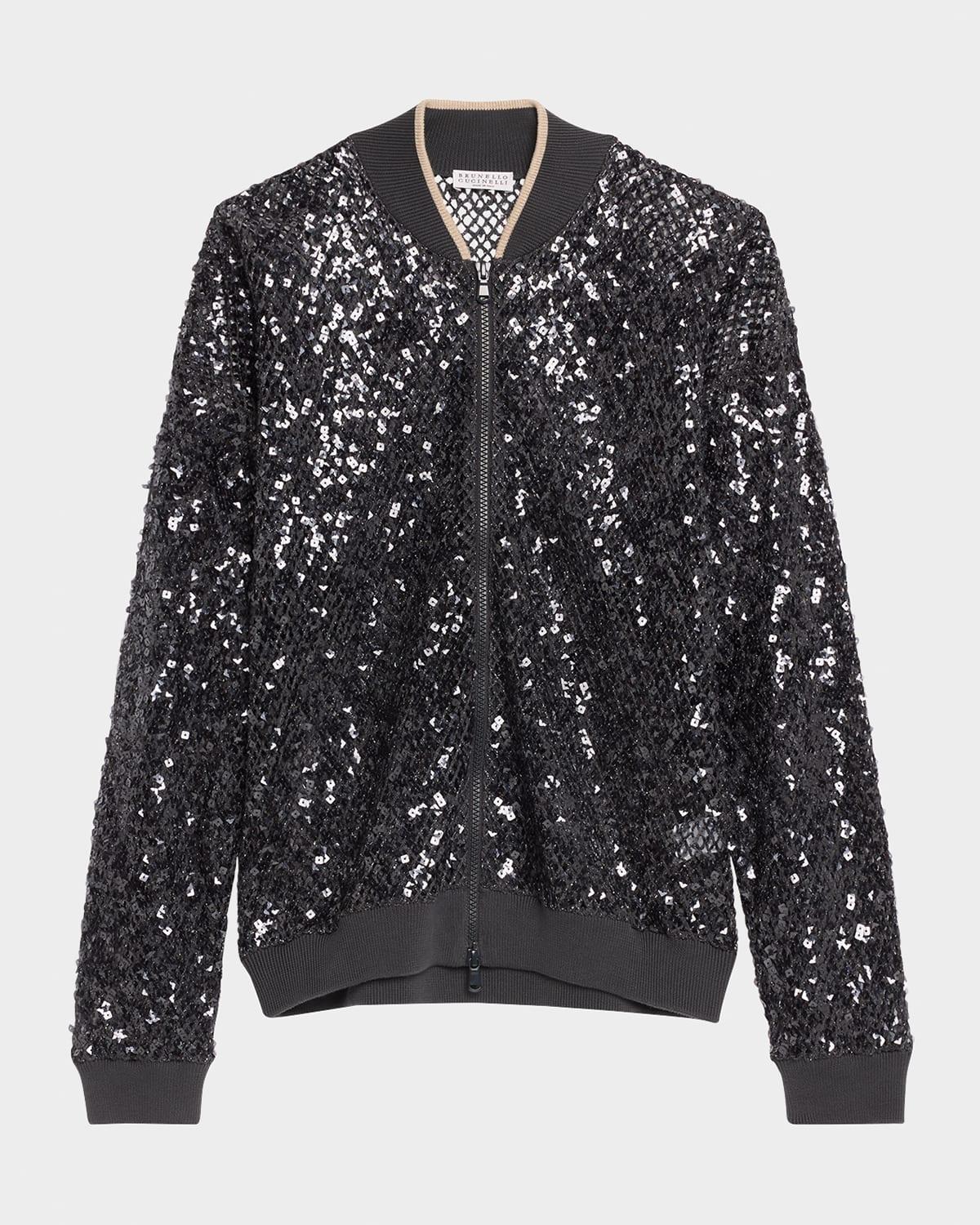 paillette net knit zip bomber cardigan