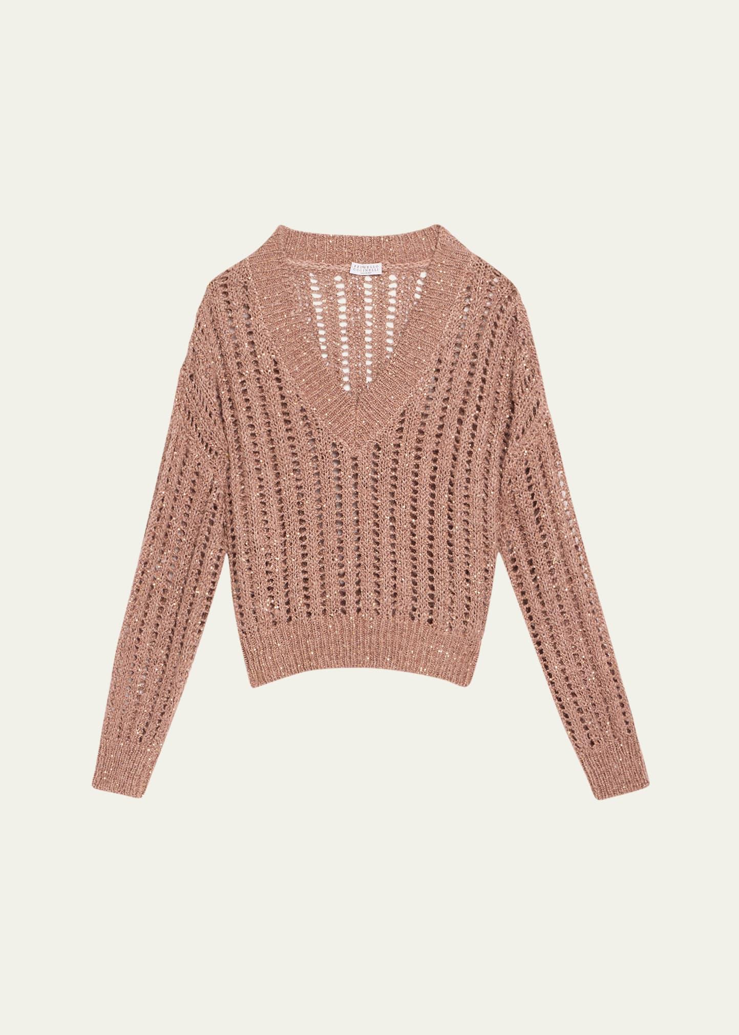 paillette open work ribbed v-neck sweater