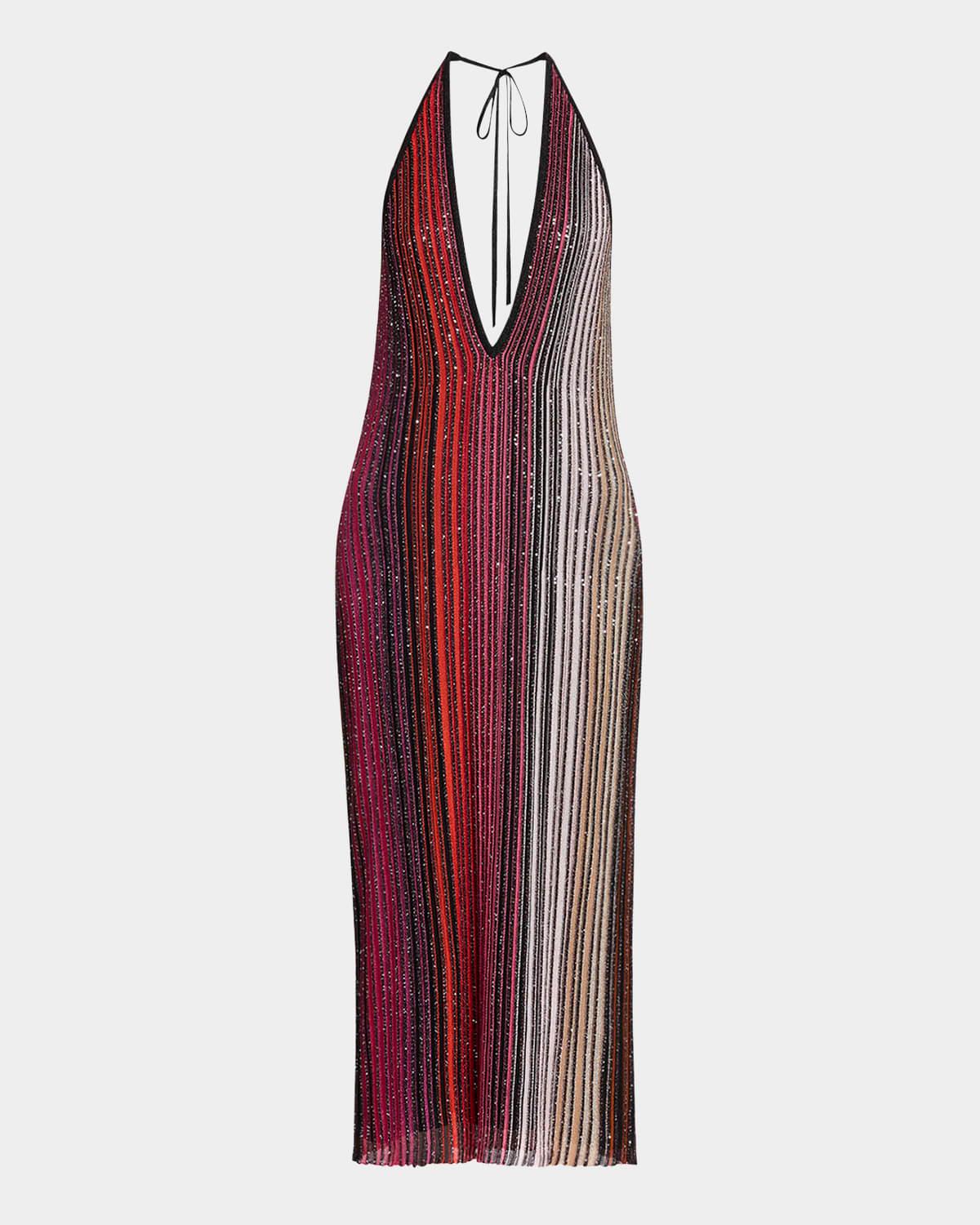 paillette striped plunging halter midi dress