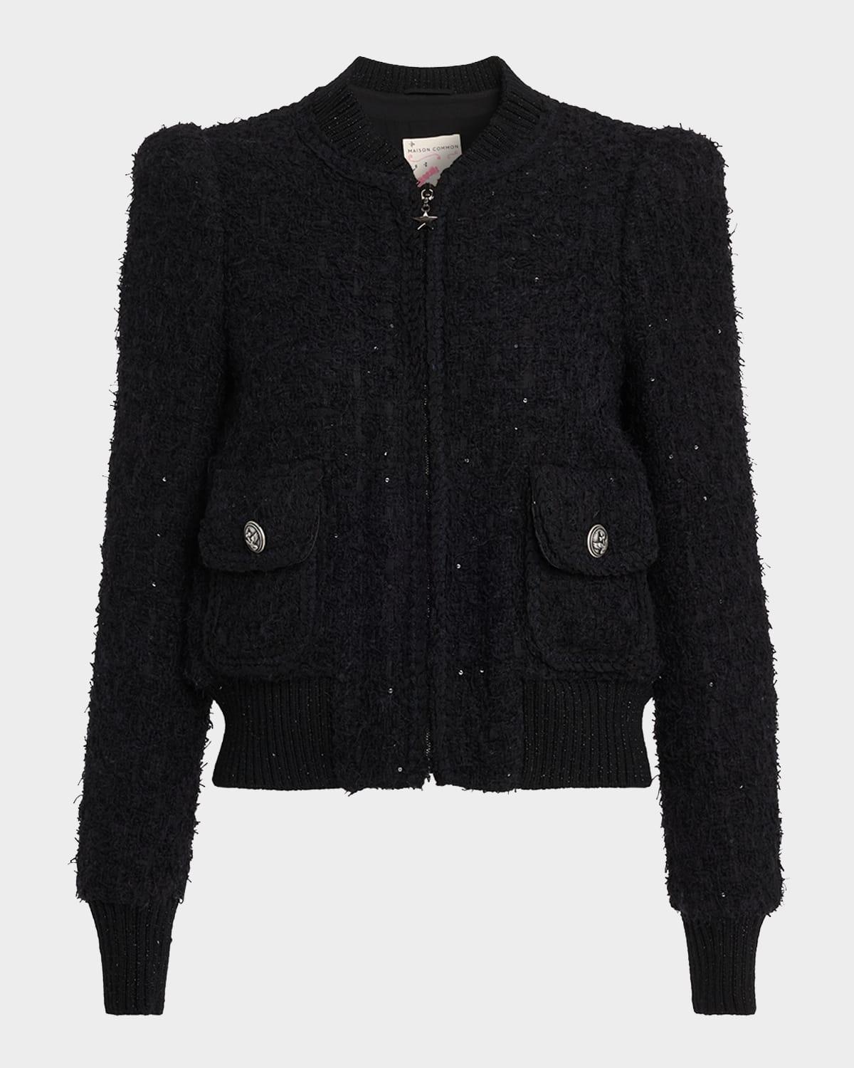 paillette tweed bomber jacket with metallic knit back