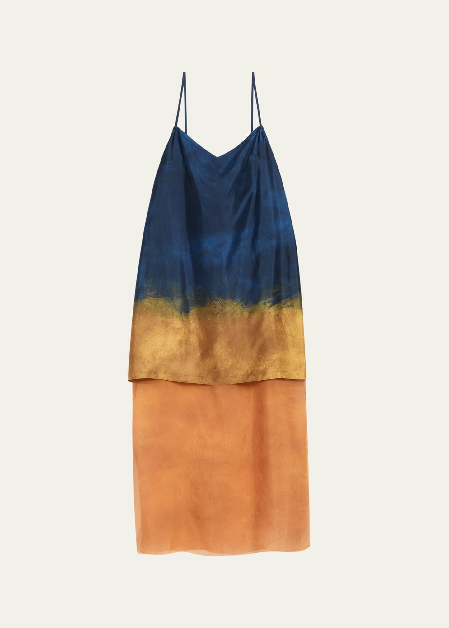 painted stripe organza-layered midi slip dress