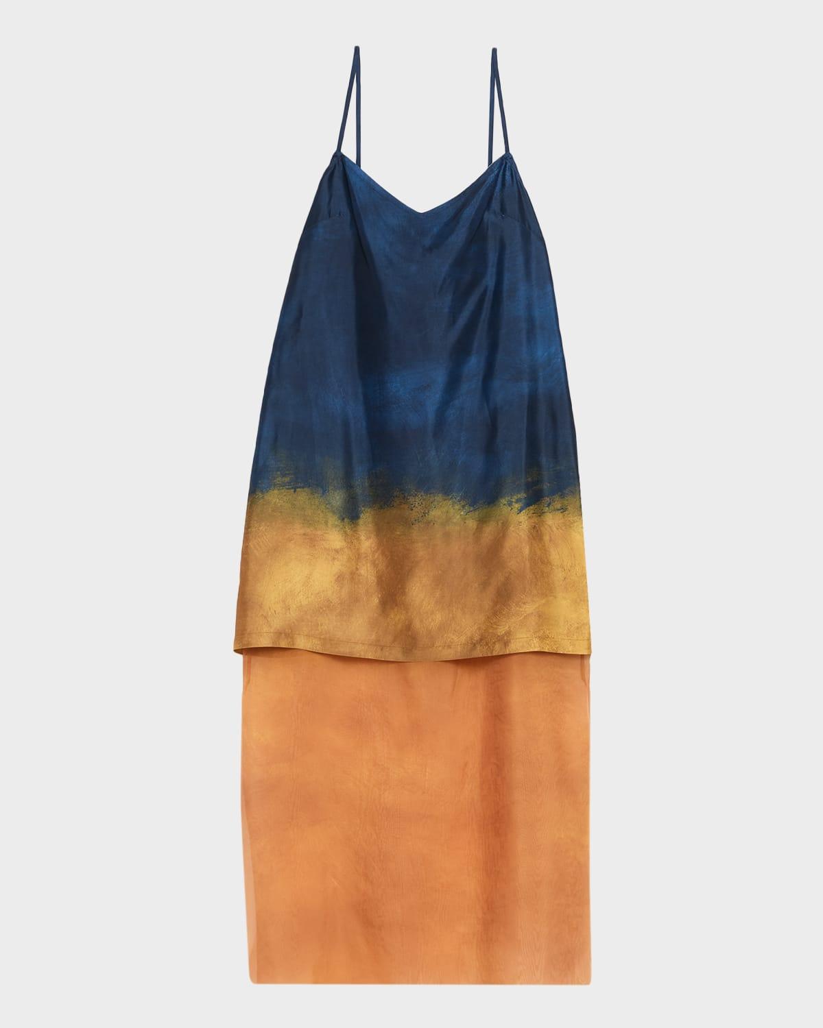 painted stripe organza-layered midi slip dress