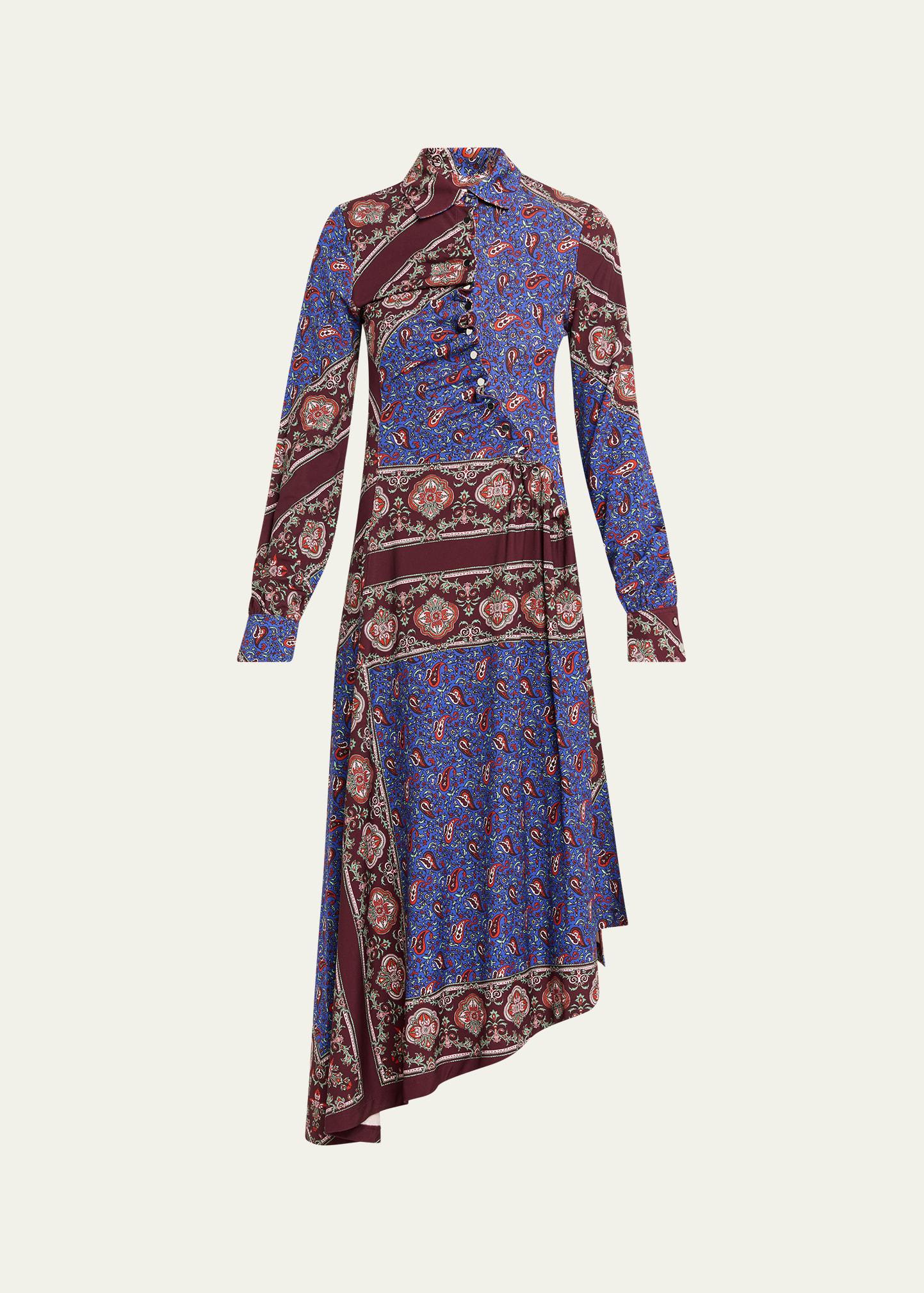 paisley jersey asymmetric ruched midi shirtdress