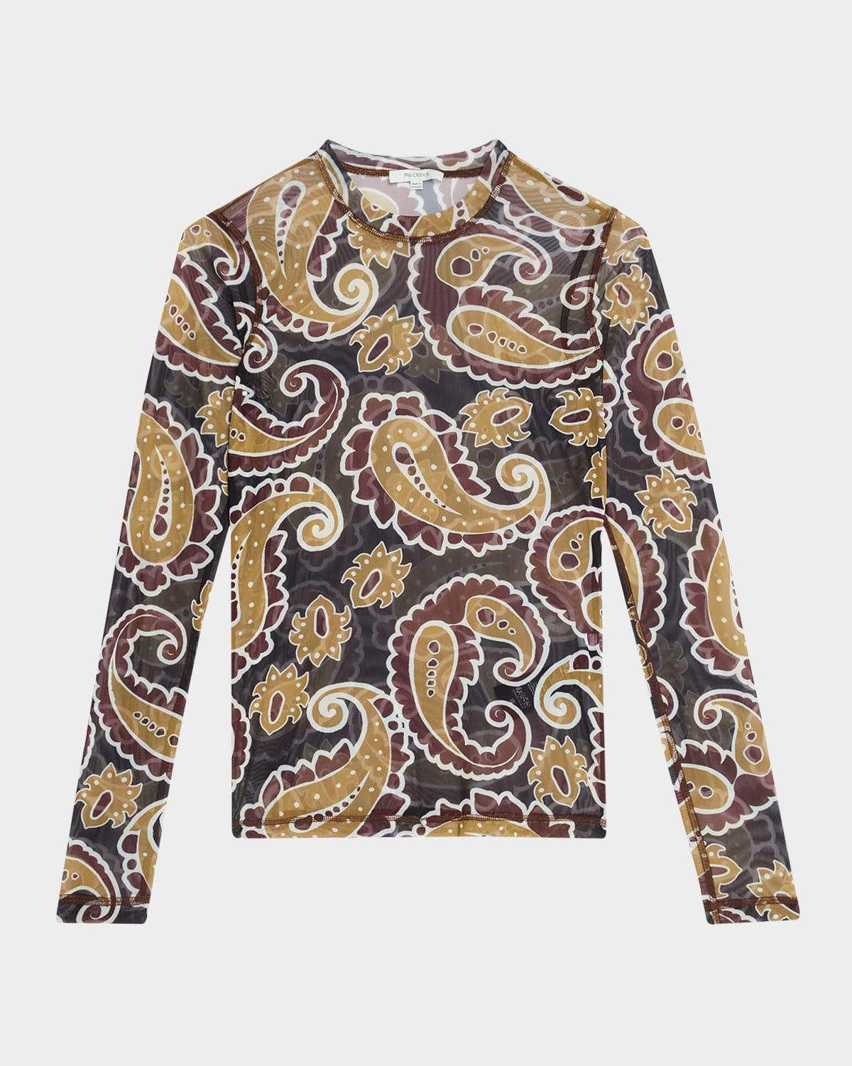 paisley-print long-sleeve mesh top