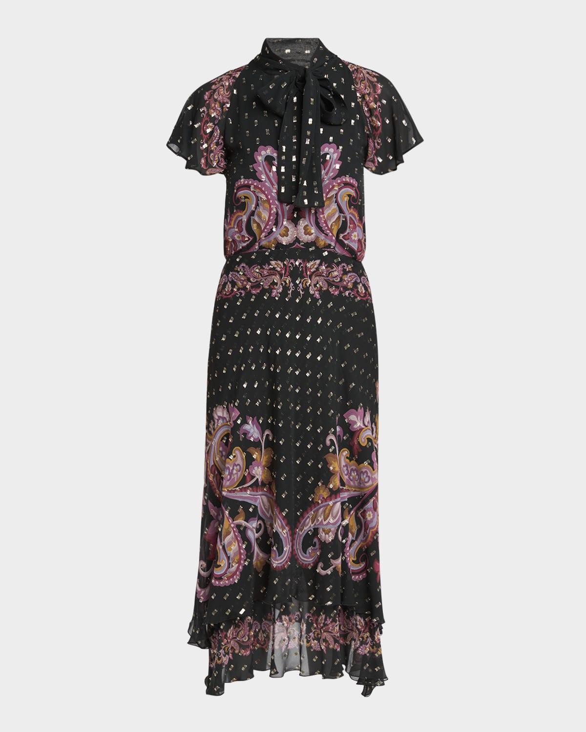 paisley-print neck-tie plisse georgette midi dress