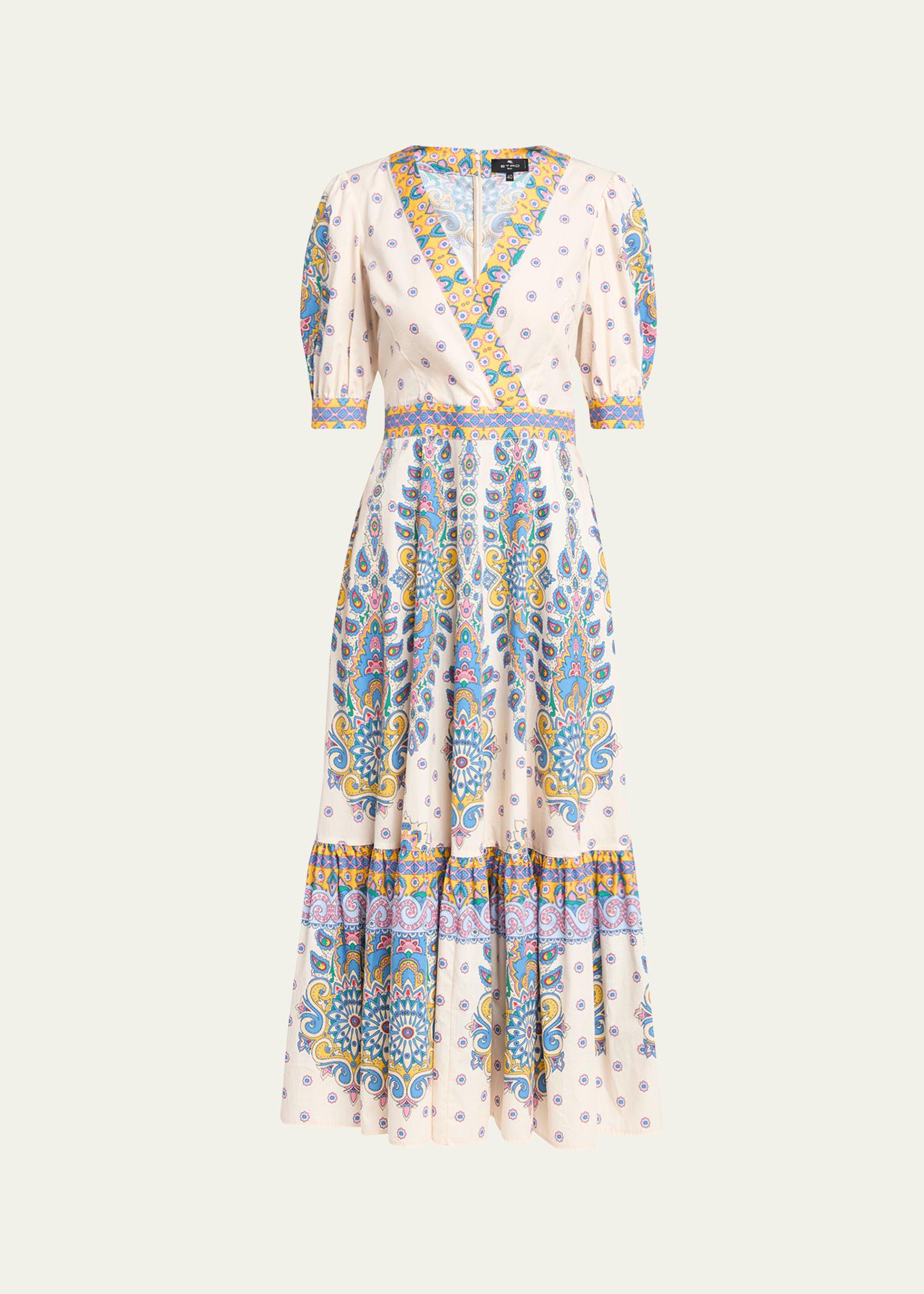 paisley-print puff-sleeve midi dress