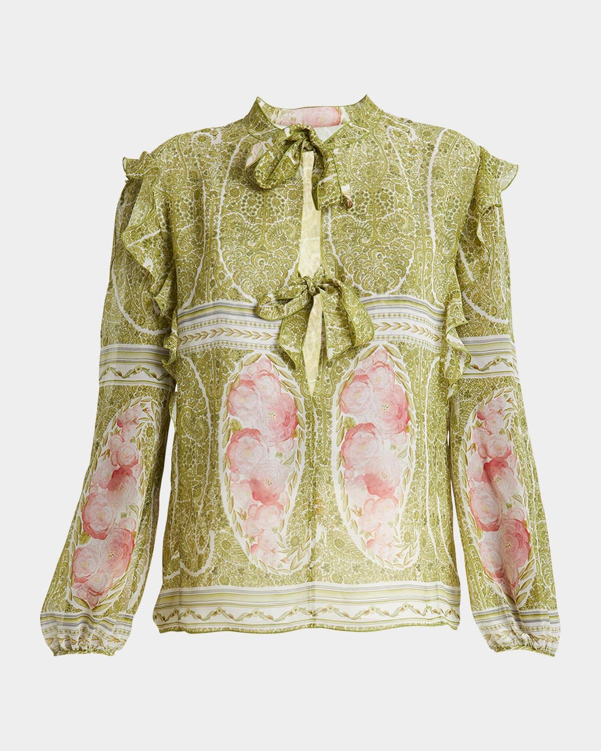 paisley-print ruffle long-sleeve silk blouse