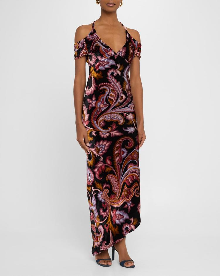 paisley velvet off-the-shoulder asymmetric dress