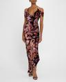 paisley velvet off-the-shoulder asymmetric dress