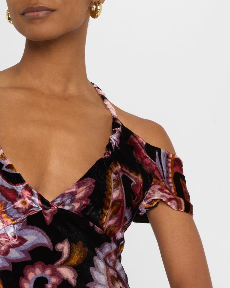 paisley velvet off-the-shoulder asymmetric dress