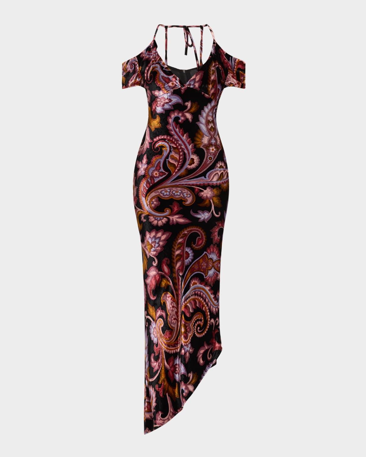 paisley velvet off-the-shoulder asymmetric dress