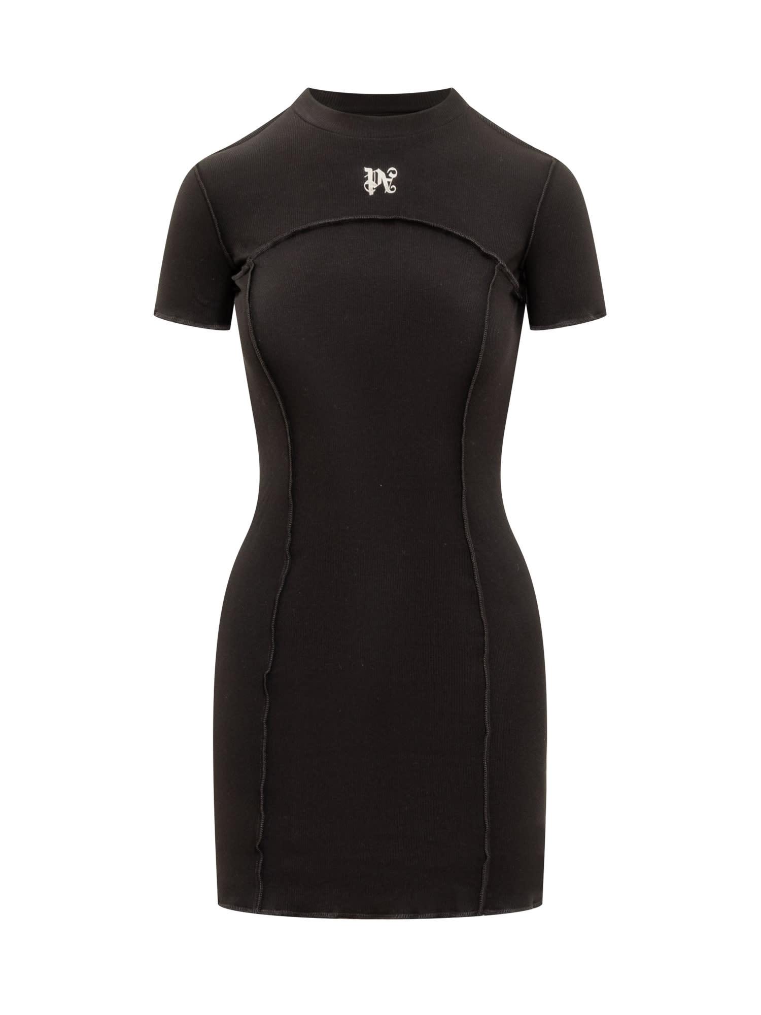 palm angels black mini dress with monogram