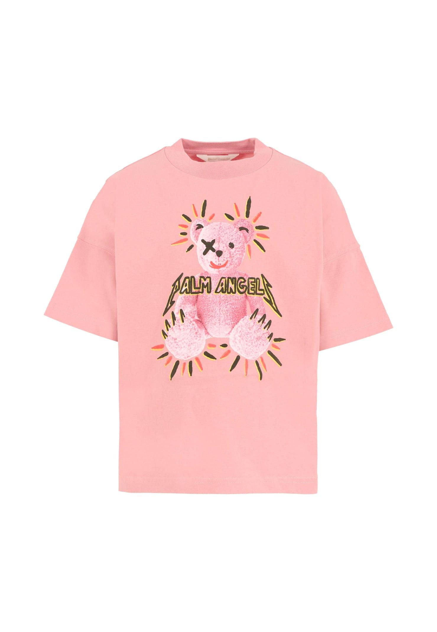 palm angels pink t-shirt for girl with bear punk print