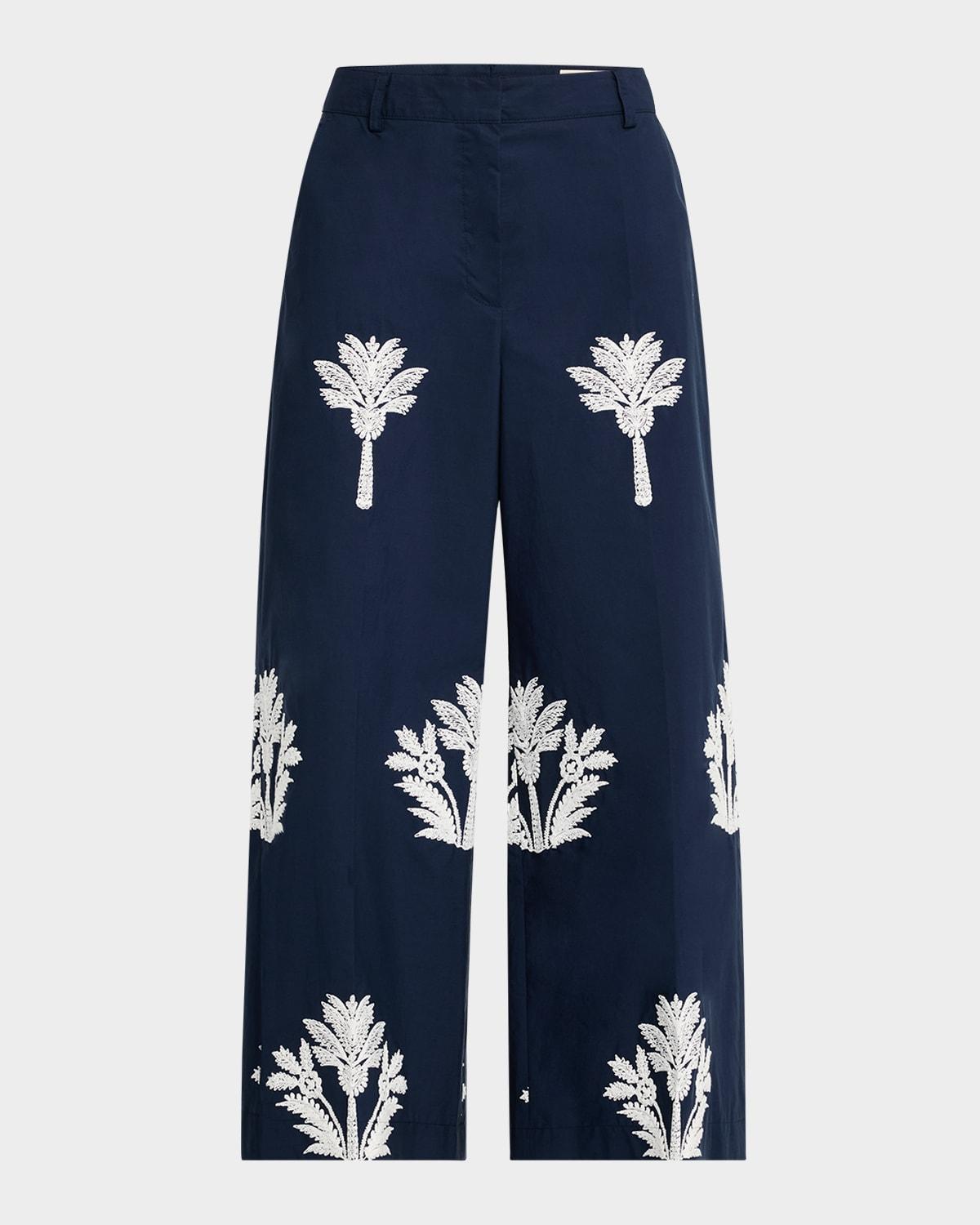 palm-embroidered cotton wide-leg crop pants