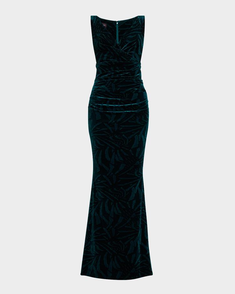 palm leaf velvet sleeveless gown