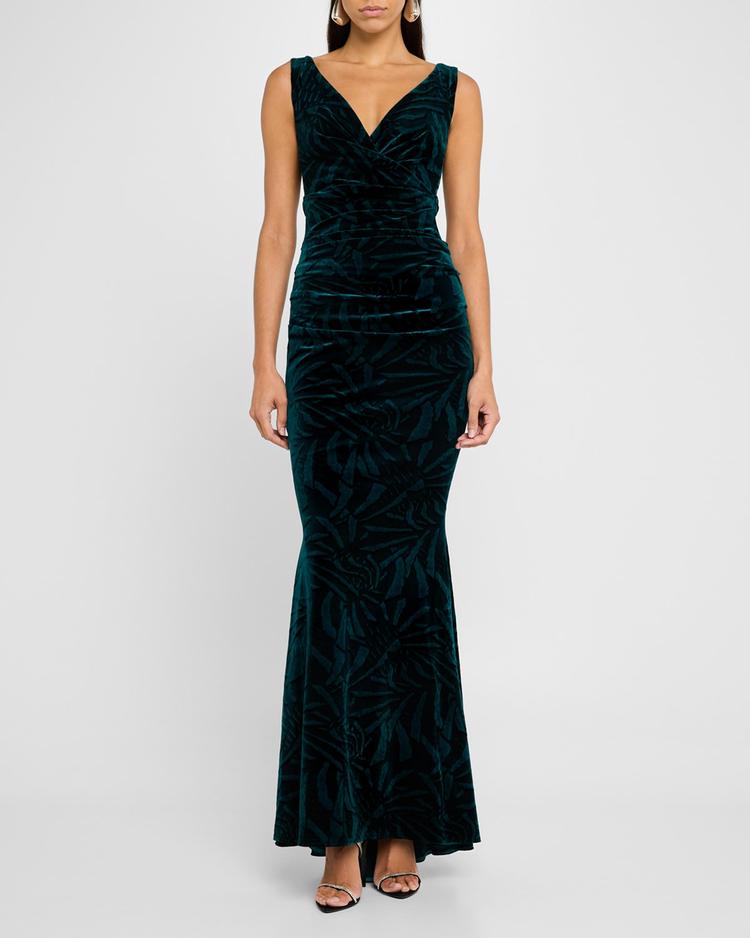 palm leaf velvet sleeveless gown