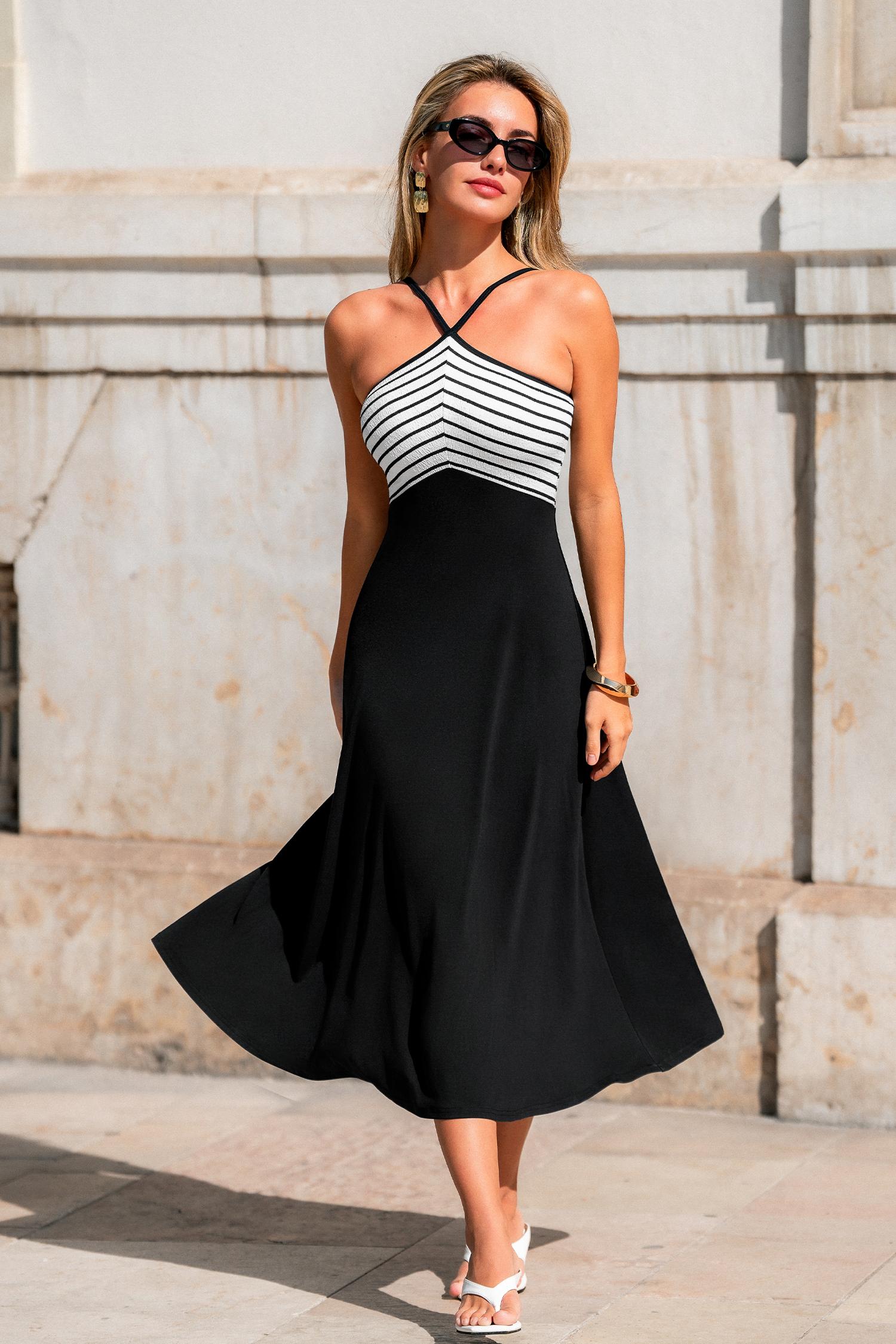 palm read striped midi dress - l