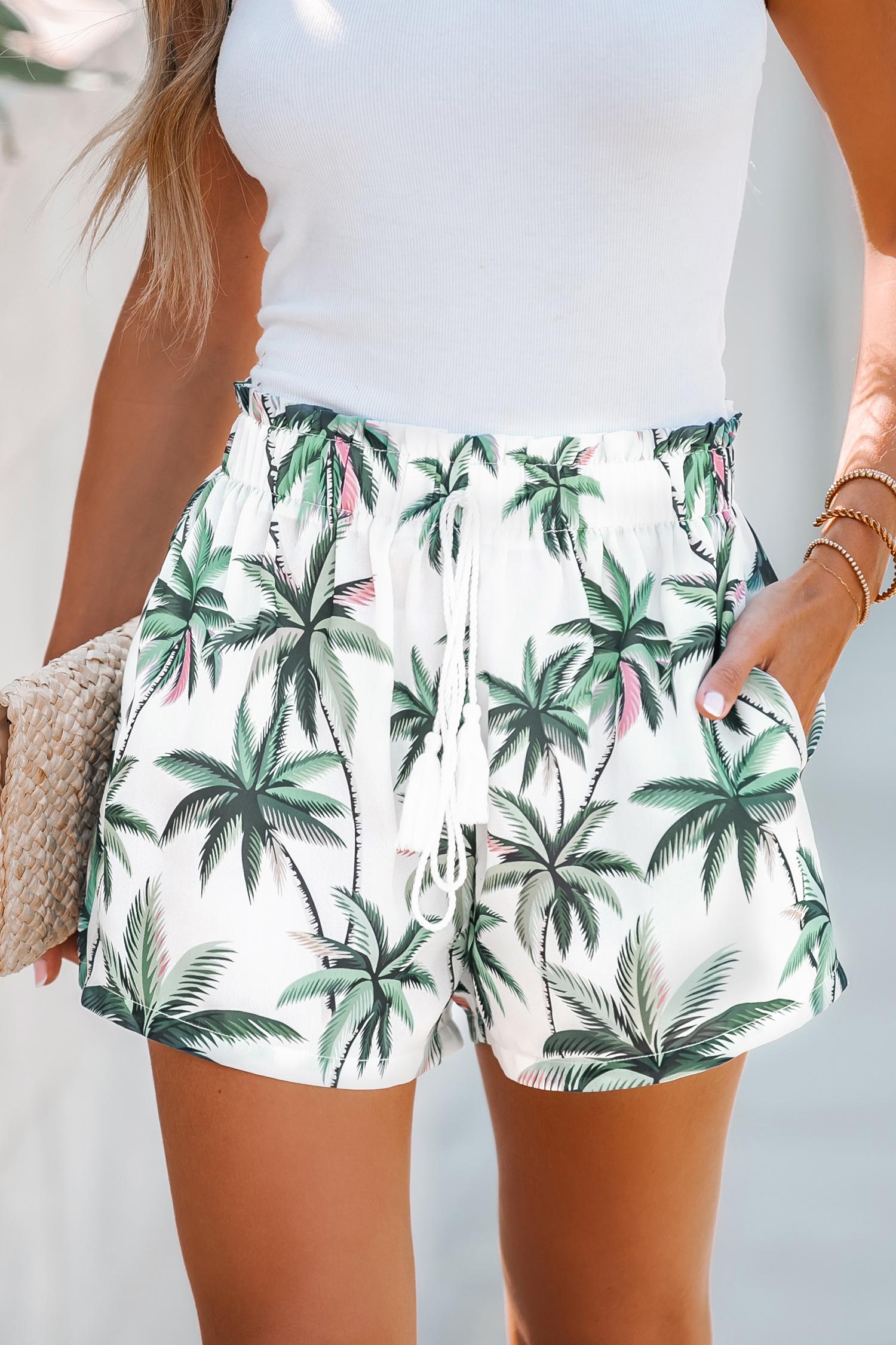 palm tree print drawstring shorts - l