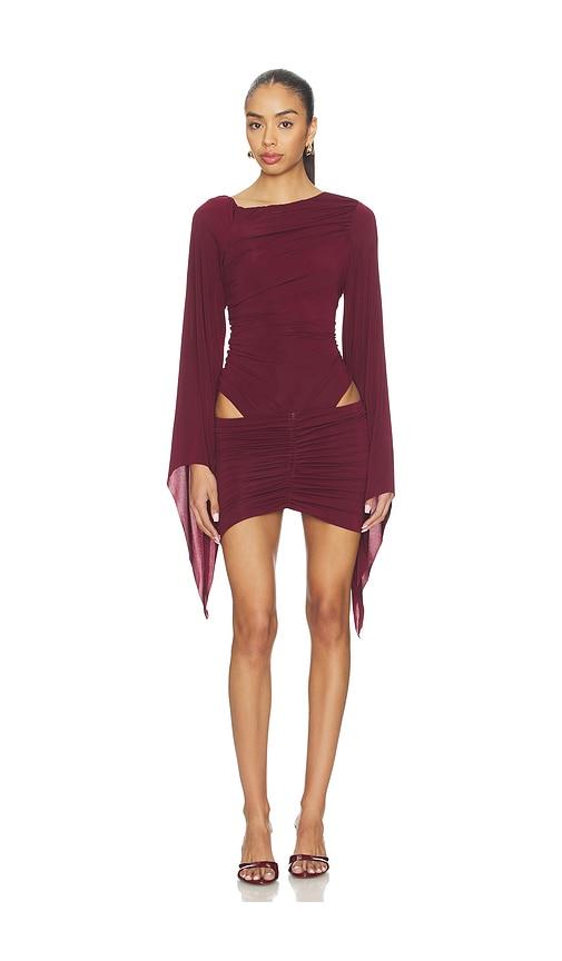 palmatic studio harina mini dress in burgundy.