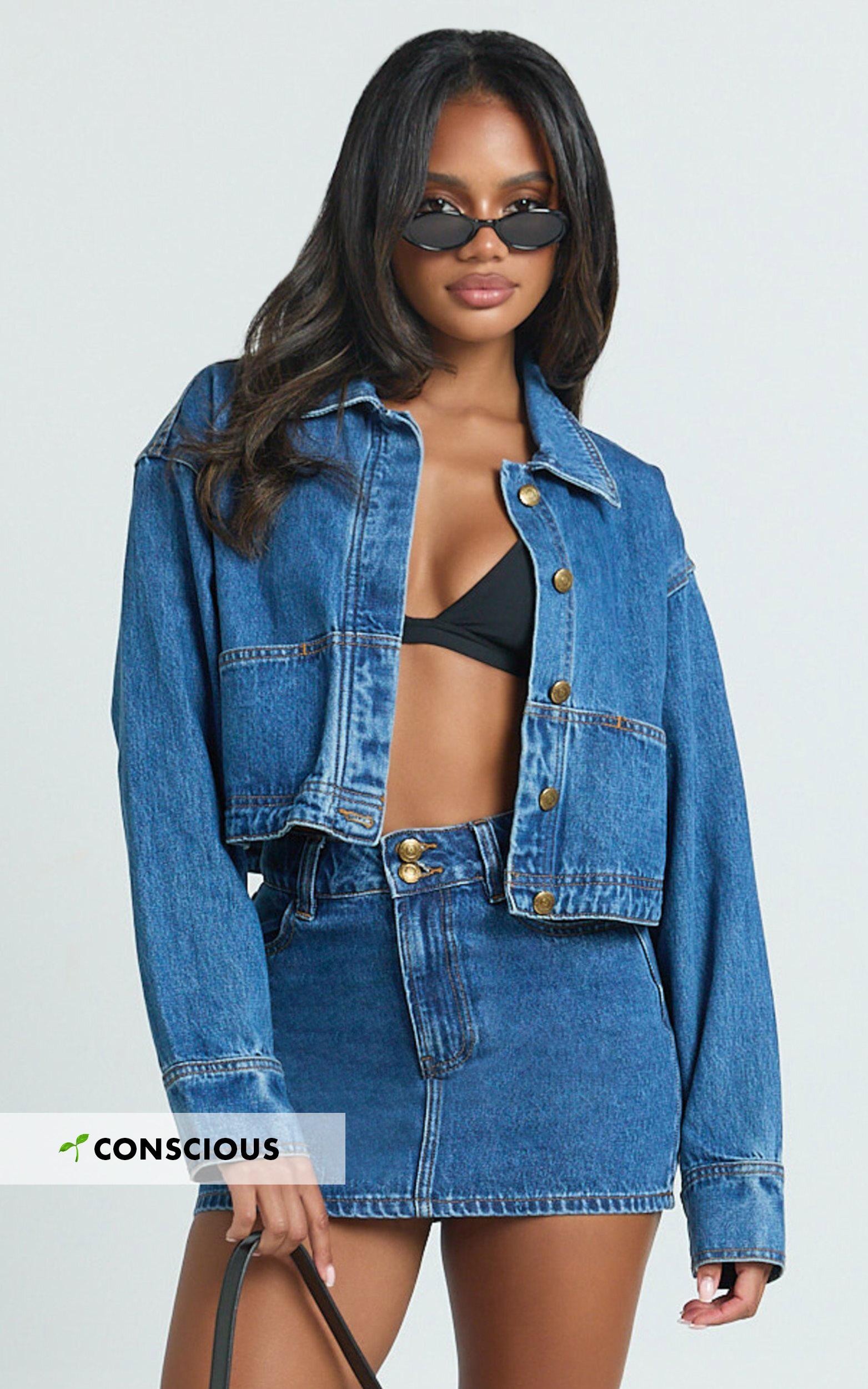 pamela jacket - cropped boxy fit recycled denim jacket in dark blue wash