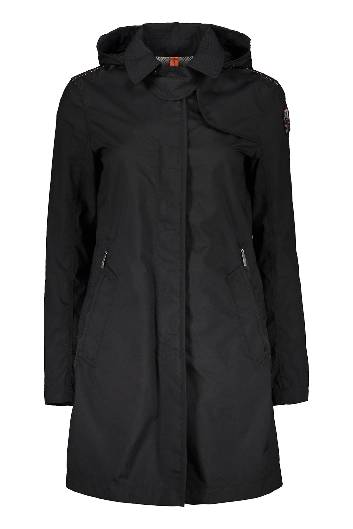 parajumpers black versatile trench coat with adjustable hood