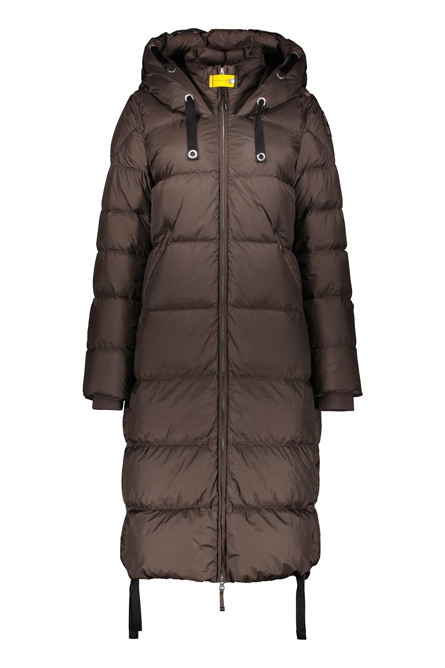 parajumpers dark brown long down jacket with adjustable hood