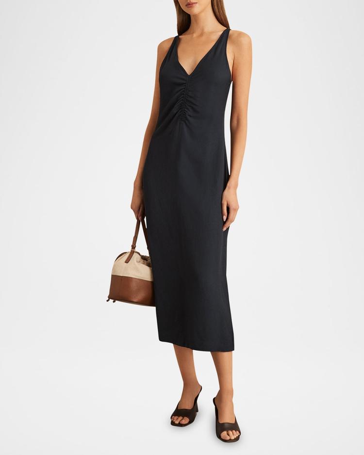 pari sleeveless ruched midi dress