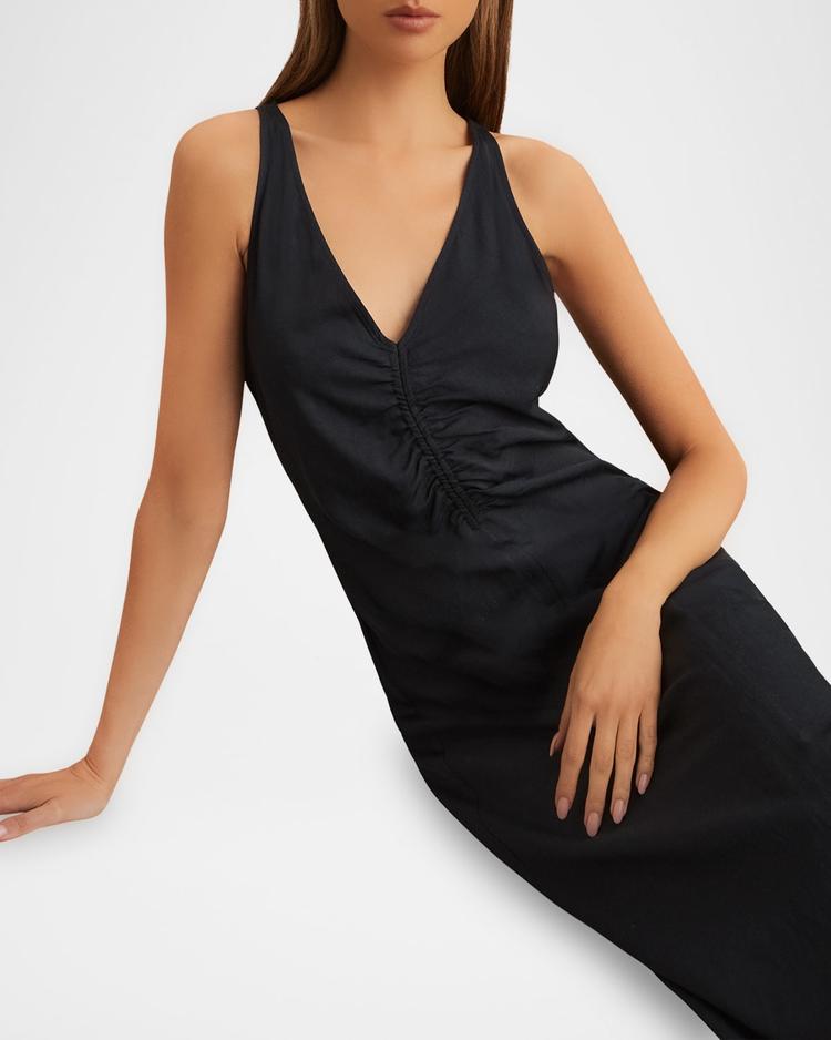 pari sleeveless ruched midi dress