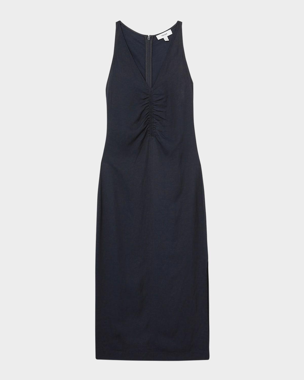 pari sleeveless ruched midi dress