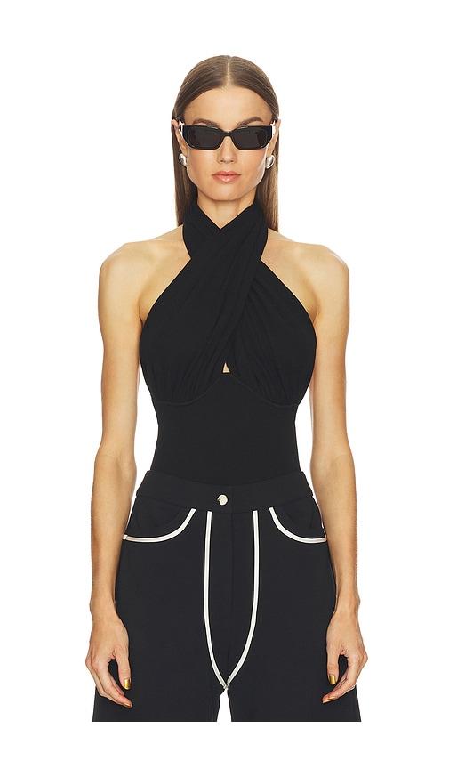 paris georgia draped bodysuit in black.