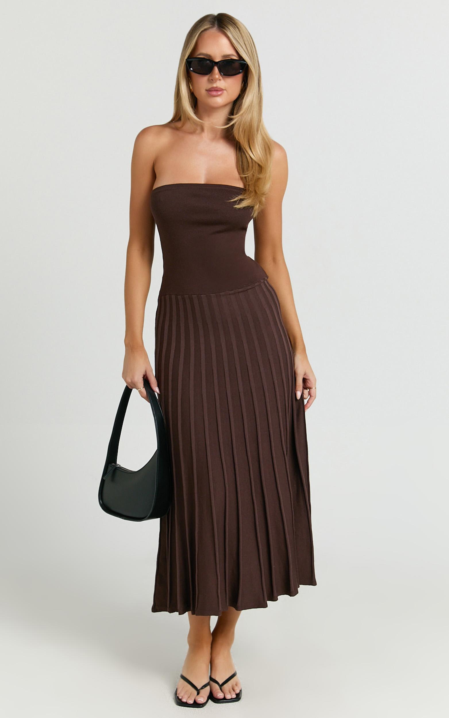 paris midi dress - strapless drop waist pleated knit dress in chocolate