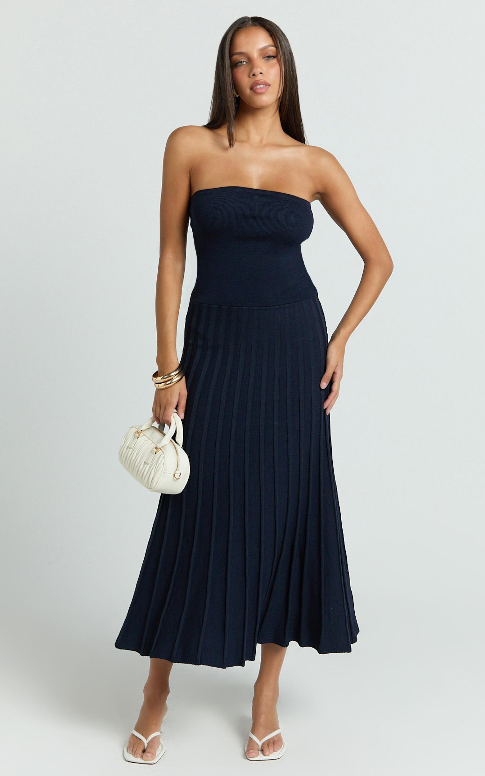 paris midi dress - strapless drop waist pleated knit dress in navy