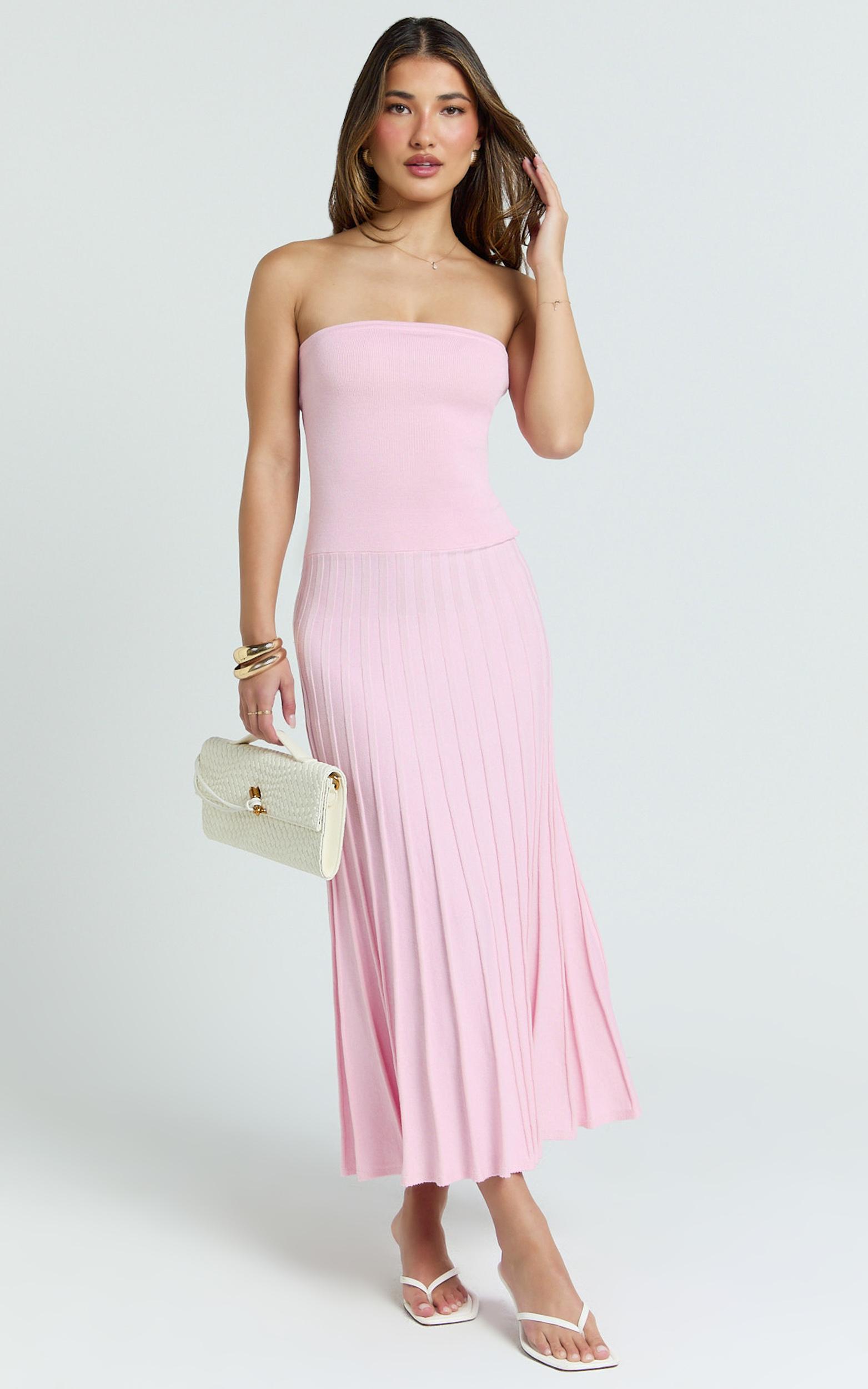 paris midi dress - strapless drop waist pleated knit dress in pink